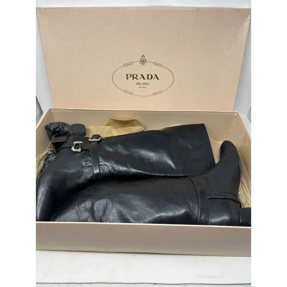 PRADA CAVALIERE Black 2011‎ EUC Knee High Harness SHOES BOOTS 39